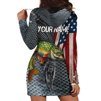 Pike Fishing Hoodie Dress with American Flag and Realistic Fish Scale Texture Design - Wonder Print Shop