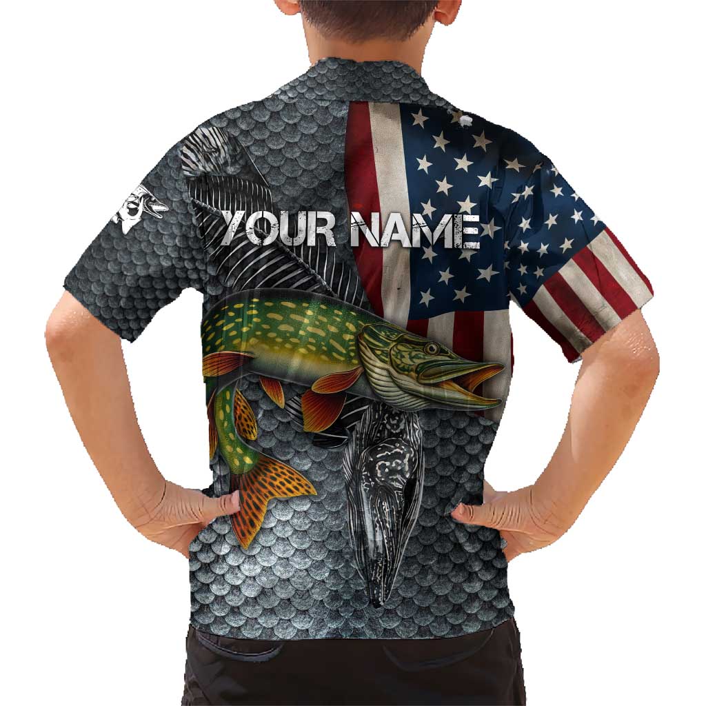 Pike Fishing Kid Hawaiian Shirt with American Flag and Realistic Fish Scale Texture Design - Wonder Print Shop