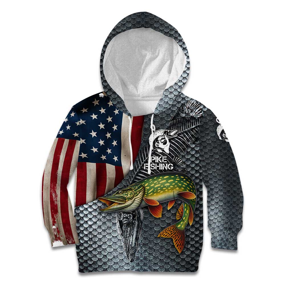 Pike Fishing Kid Hoodie with American Flag and Realistic Fish Scale Texture Design - Wonder Print Shop
