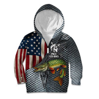 Pike Fishing Kid Hoodie with American Flag and Realistic Fish Scale Texture Design - Wonder Print Shop