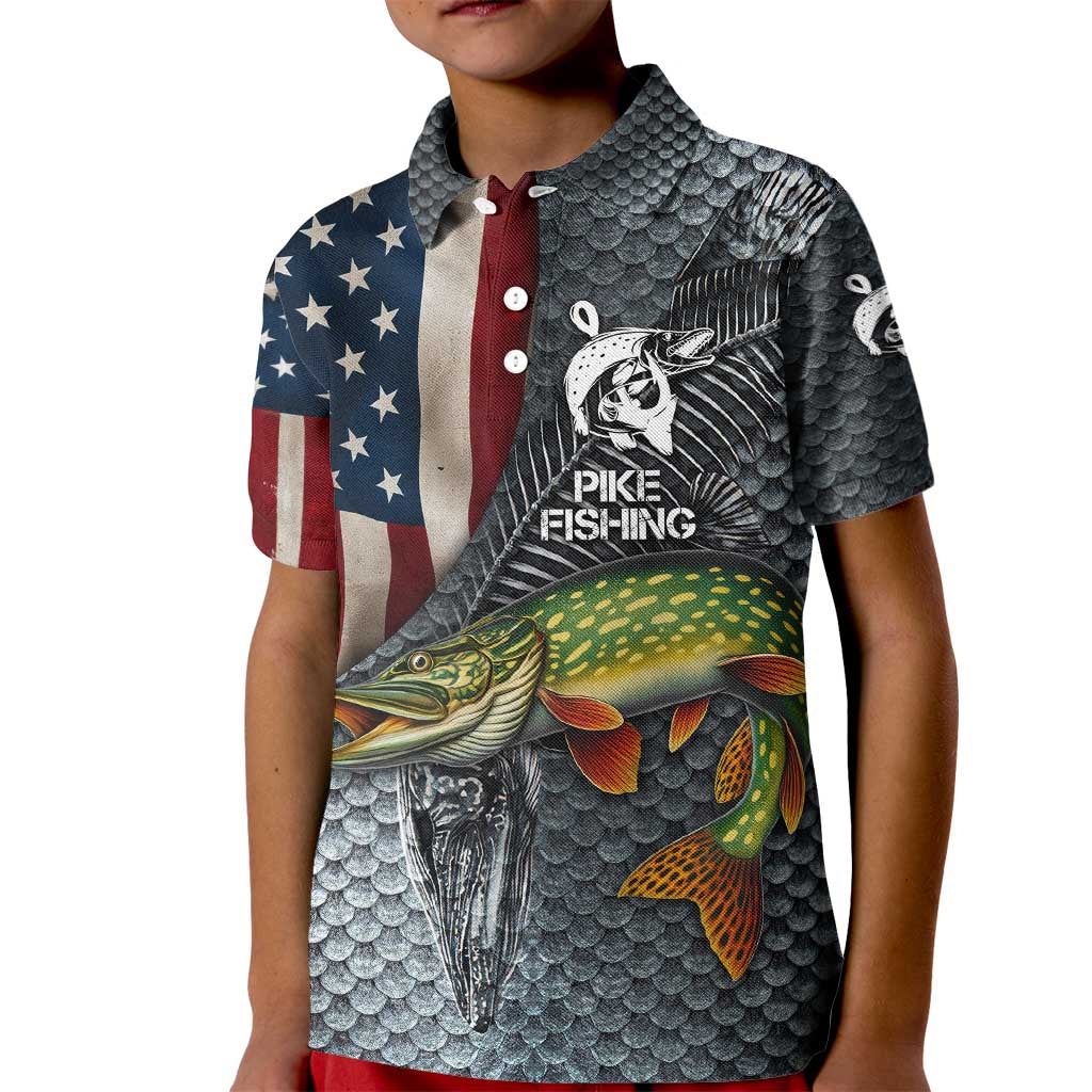 Pike Fishing Kid Polo Shirt with American Flag and Realistic Fish Scale Texture Design - Wonder Print Shop