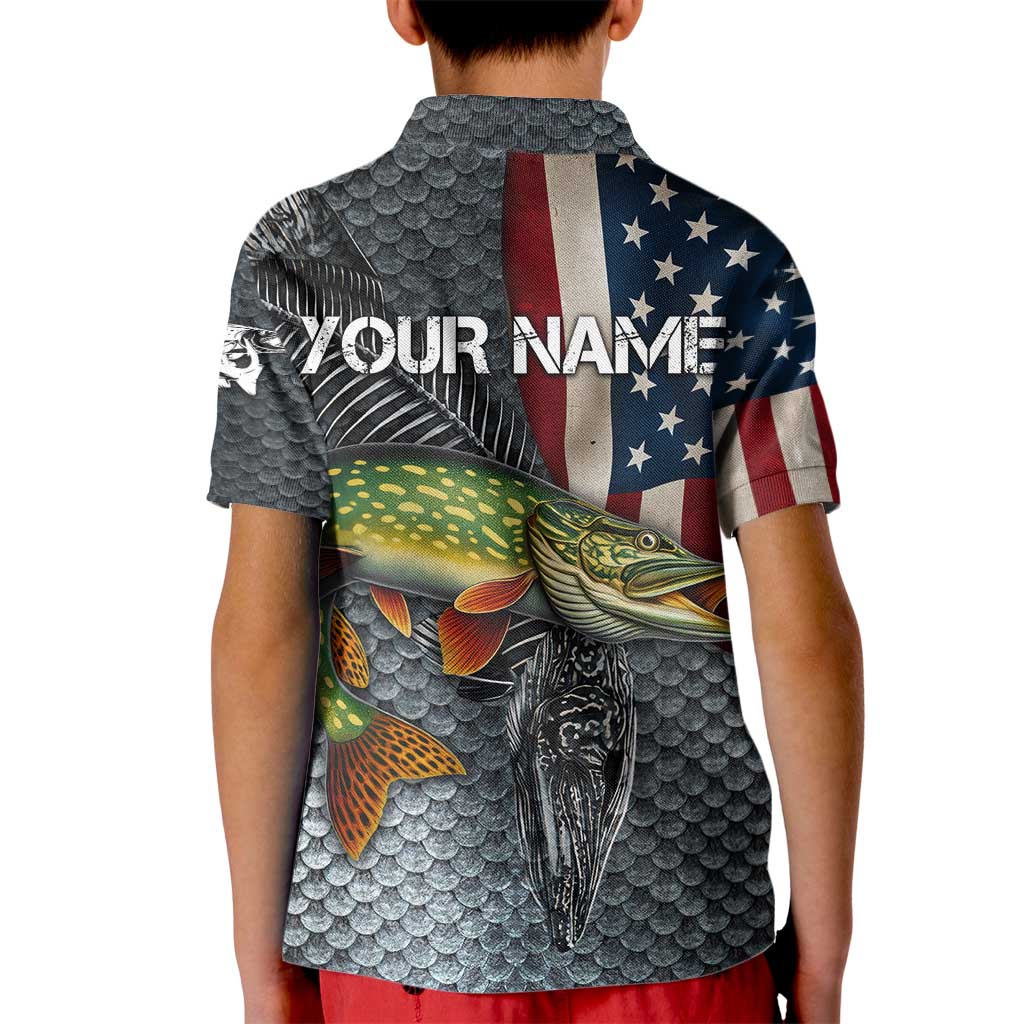 Pike Fishing Kid Polo Shirt with American Flag and Realistic Fish Scale Texture Design - Wonder Print Shop