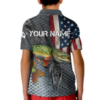 Pike Fishing Kid Polo Shirt with American Flag and Realistic Fish Scale Texture Design - Wonder Print Shop