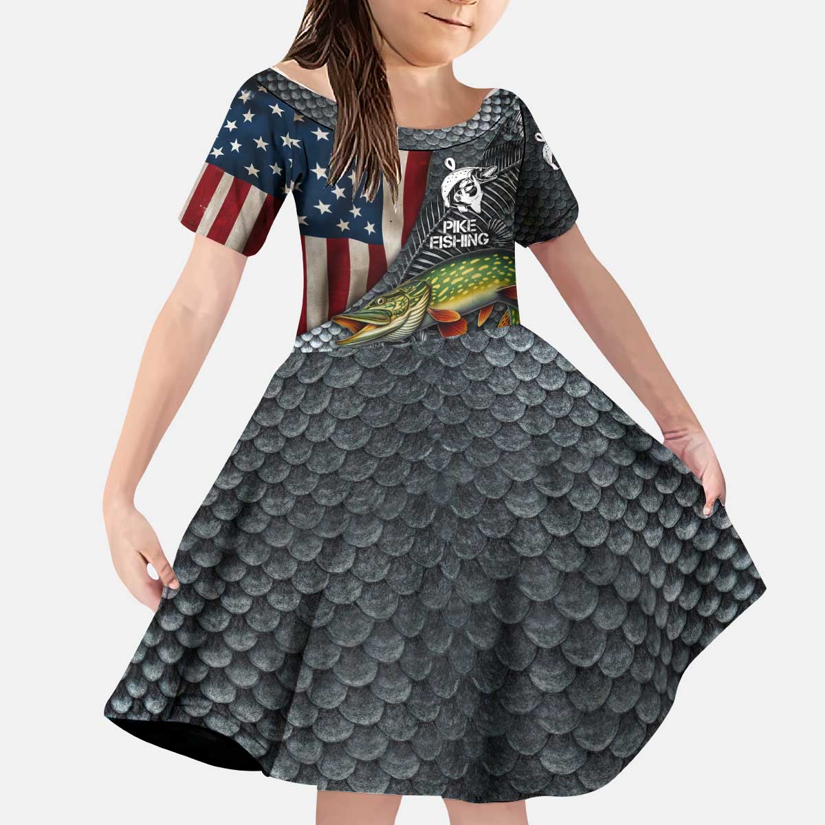 Pike Fishing Kid Short Sleeve Dress with American Flag and Realistic Fish Scale Texture Design - Wonder Print Shop