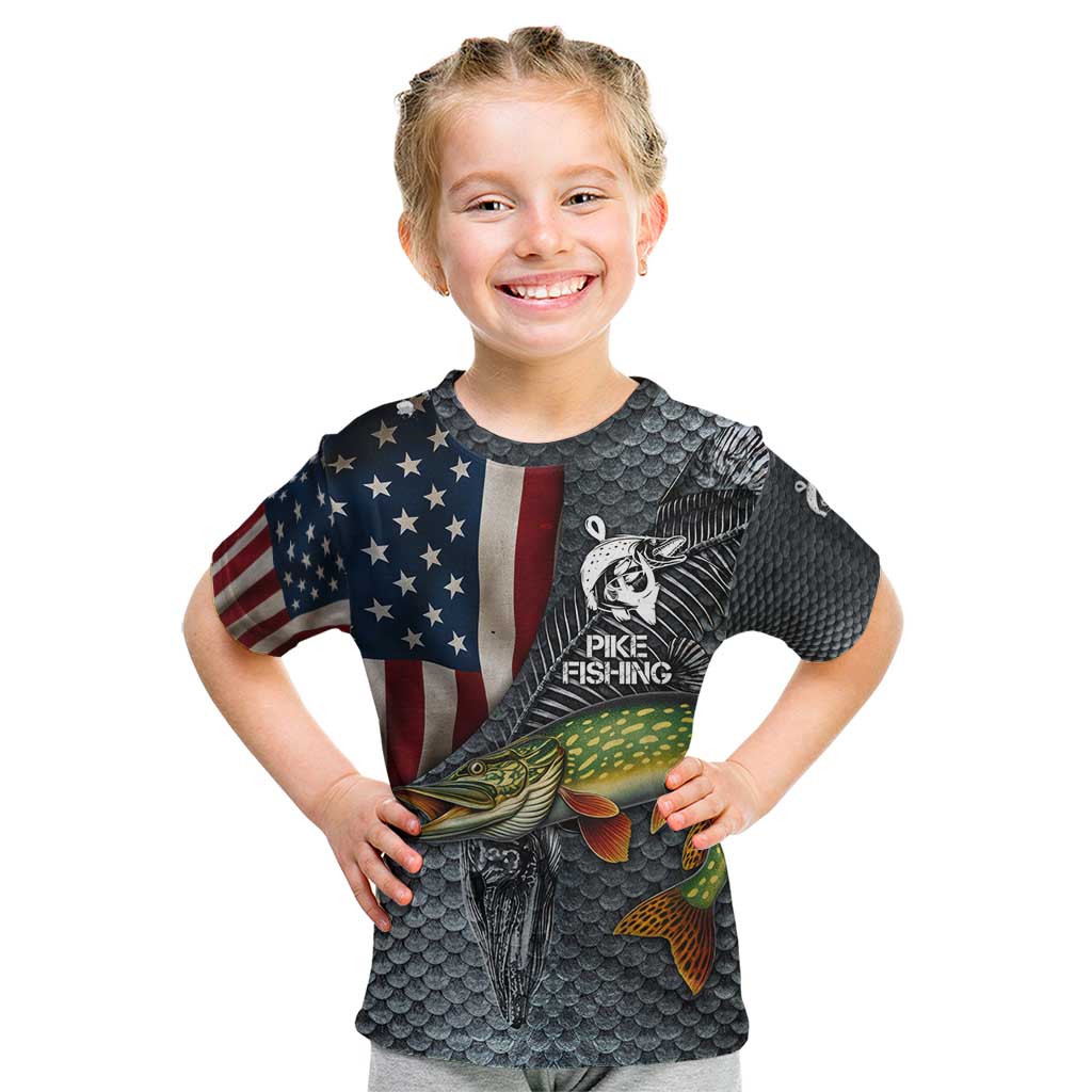Pike Fishing Kid T Shirt with American Flag and Realistic Fish Scale Texture Design - Wonder Print Shop