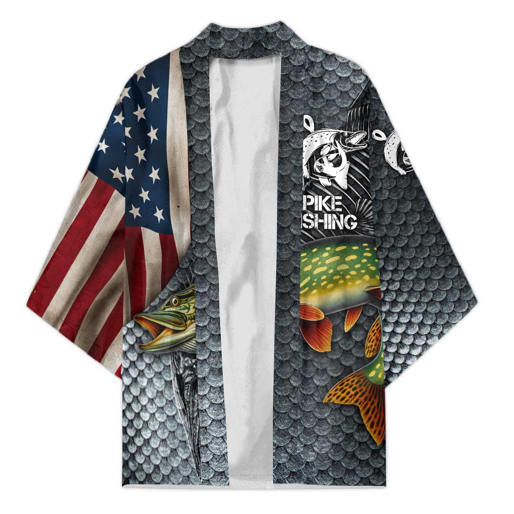 Pike Fishing Kimono with American Flag and Realistic Fish Scale Texture Design - Wonder Print Shop