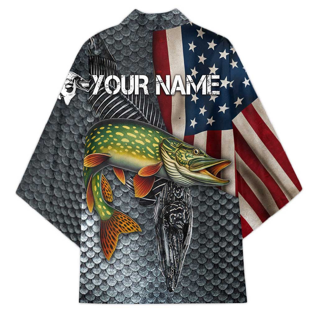Pike Fishing Kimono with American Flag and Realistic Fish Scale Texture Design - Wonder Print Shop