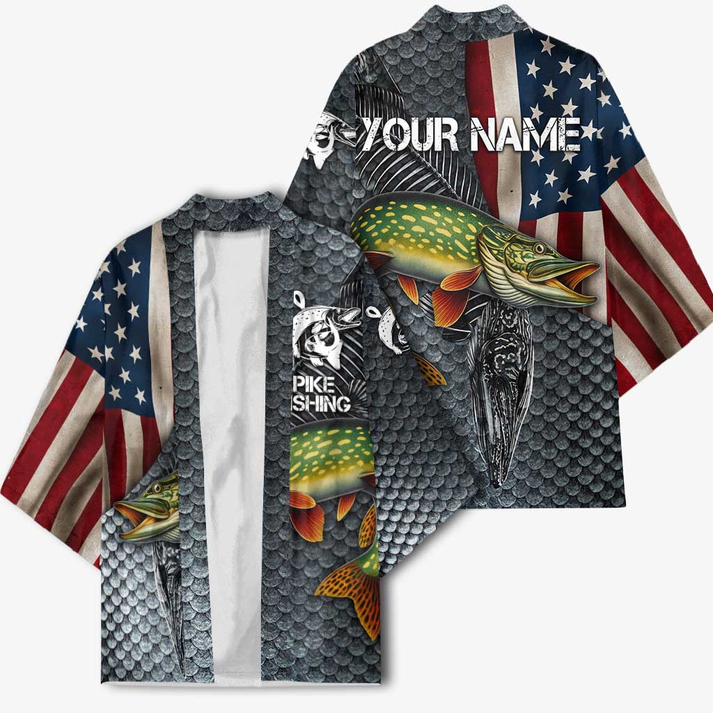 Pike Fishing Kimono with American Flag and Realistic Fish Scale Texture Design - Wonder Print Shop