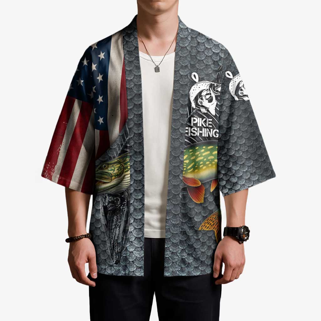 Pike Fishing Kimono with American Flag and Realistic Fish Scale Texture Design - Wonder Print Shop