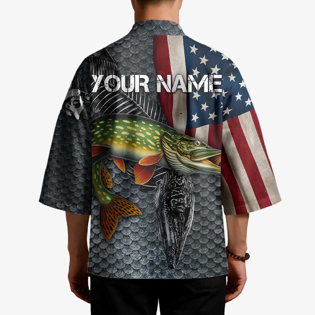 Pike Fishing Kimono with American Flag and Realistic Fish Scale Texture Design - Wonder Print Shop