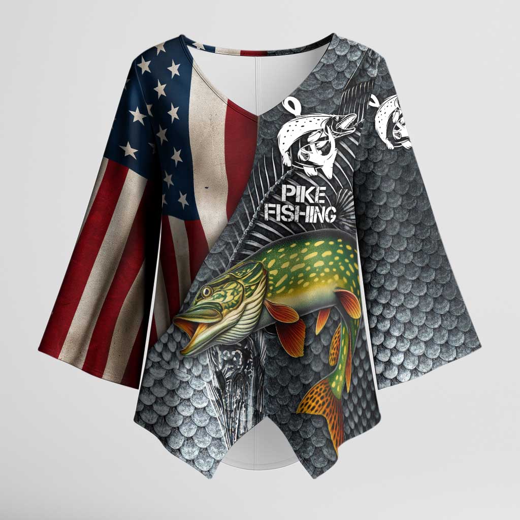 Pike Fishing Kimono Sleeve Blouse with American Flag and Realistic Fish Scale Texture Design - Wonder Print Shop