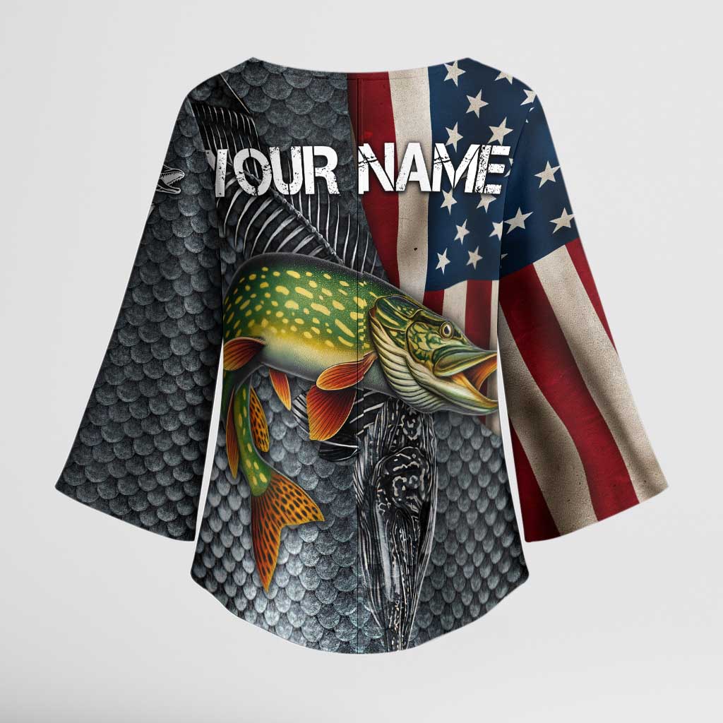 Pike Fishing Kimono Sleeve Blouse with American Flag and Realistic Fish Scale Texture Design - Wonder Print Shop