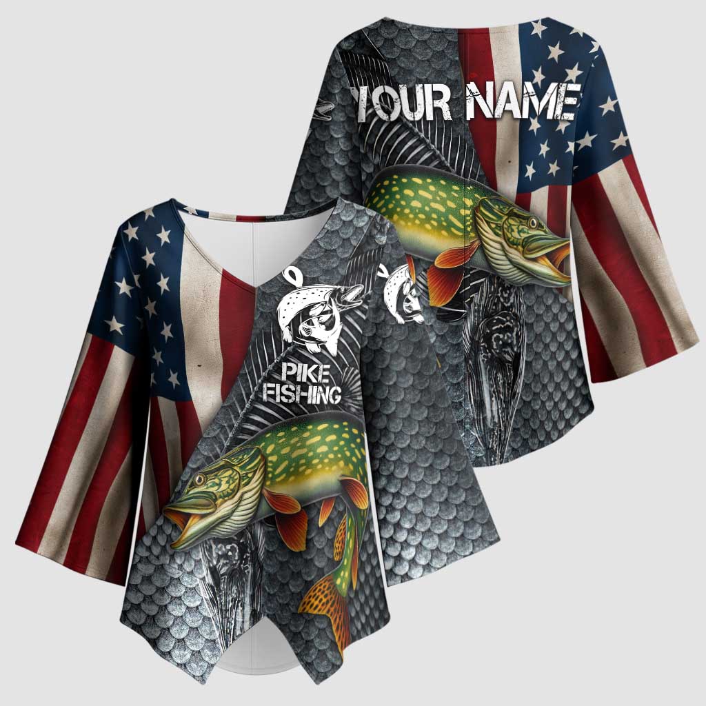 Pike Fishing Kimono Sleeve Blouse with American Flag and Realistic Fish Scale Texture Design - Wonder Print Shop