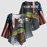 Pike Fishing Kimono Sleeve Blouse with American Flag and Realistic Fish Scale Texture Design - Wonder Print Shop