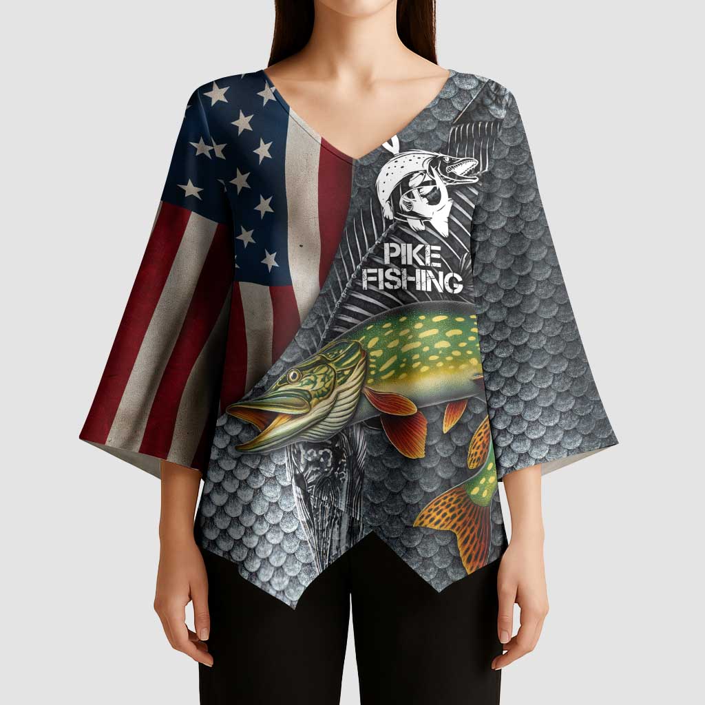 Pike Fishing Kimono Sleeve Blouse with American Flag and Realistic Fish Scale Texture Design - Wonder Print Shop