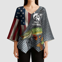 Pike Fishing Kimono Sleeve Blouse with American Flag and Realistic Fish Scale Texture Design - Wonder Print Shop