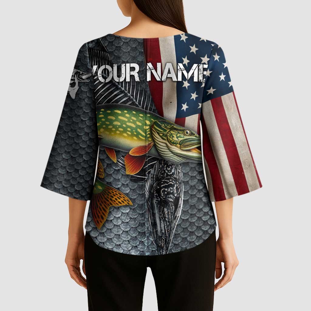 Pike Fishing Kimono Sleeve Blouse with American Flag and Realistic Fish Scale Texture Design - Wonder Print Shop