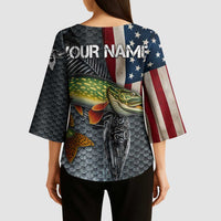 Pike Fishing Kimono Sleeve Blouse with American Flag and Realistic Fish Scale Texture Design - Wonder Print Shop