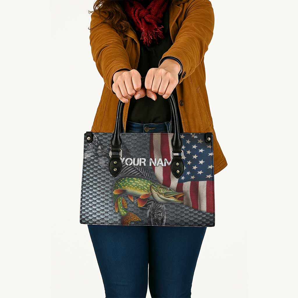 Pike Fishing Leather Bag with American Flag and Realistic Fish Scale Texture Design - Wonder Print Shop