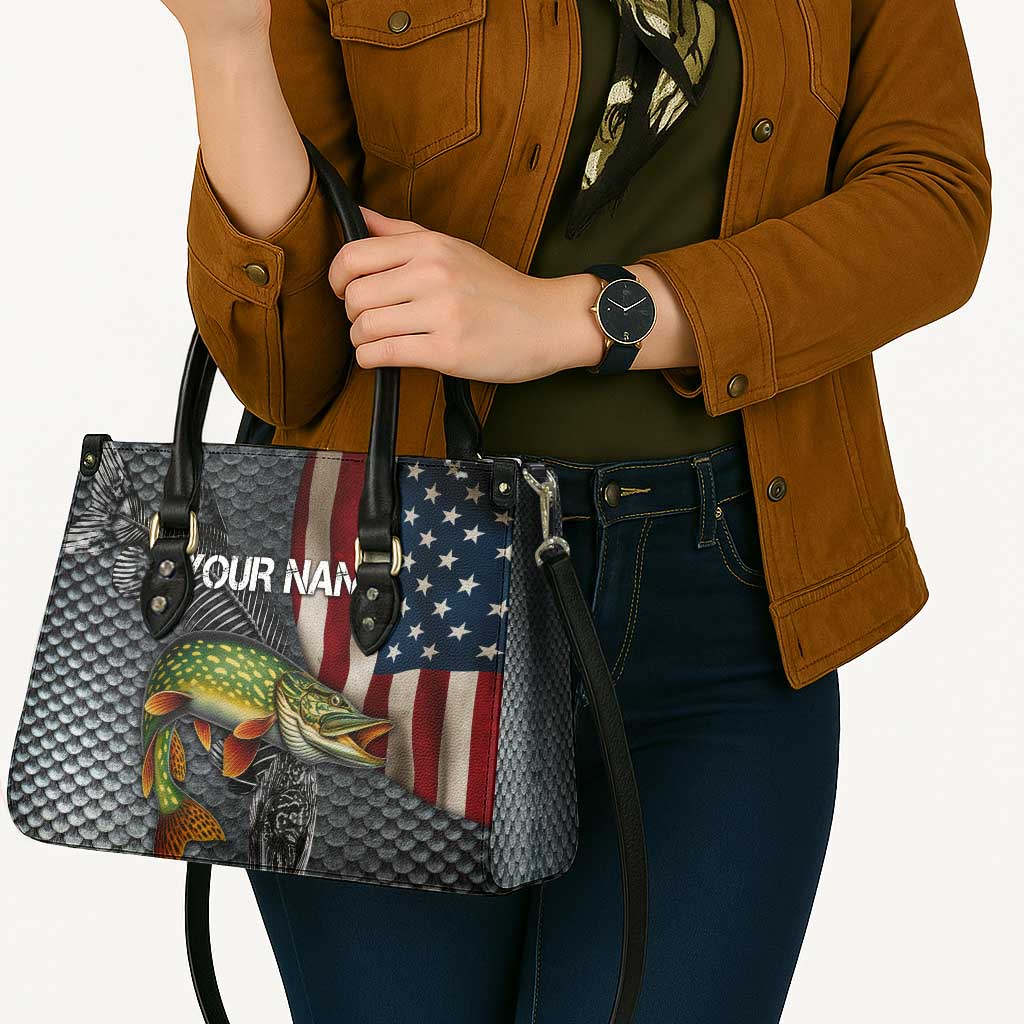 Pike Fishing Leather Bag with American Flag and Realistic Fish Scale Texture Design - Wonder Print Shop