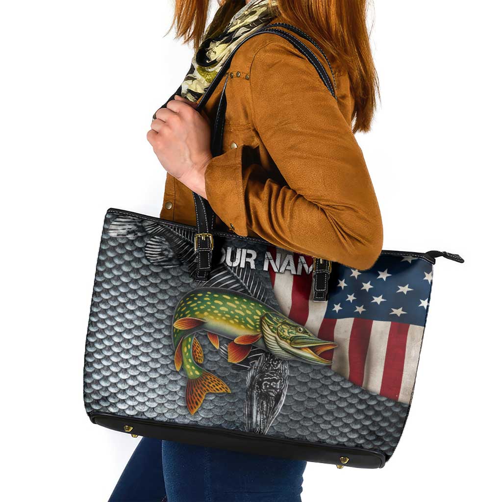 Pike Fishing Leather Tote Bag with American Flag and Realistic Fish Scale Texture Design - Wonder Print Shop