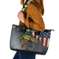 Pike Fishing Leather Tote Bag with American Flag and Realistic Fish Scale Texture Design - Wonder Print Shop