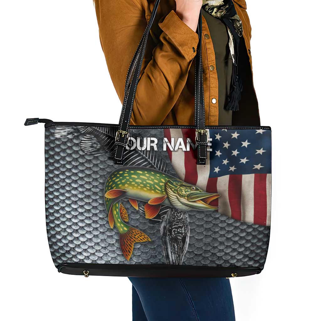 Pike Fishing Leather Tote Bag with American Flag and Realistic Fish Scale Texture Design - Wonder Print Shop