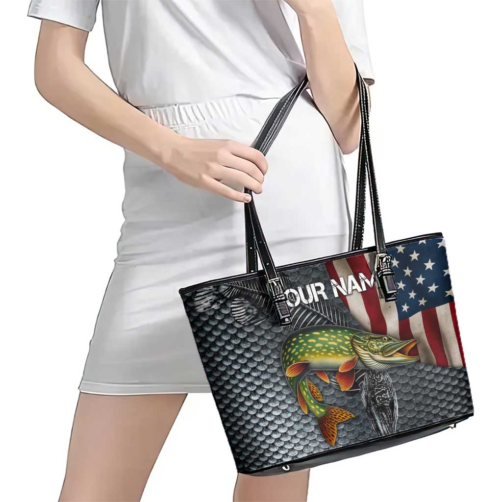 Pike Fishing Leather Tote Bag with American Flag and Realistic Fish Scale Texture Design - Wonder Print Shop