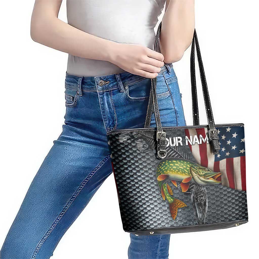 Pike Fishing Leather Tote Bag with American Flag and Realistic Fish Scale Texture Design - Wonder Print Shop