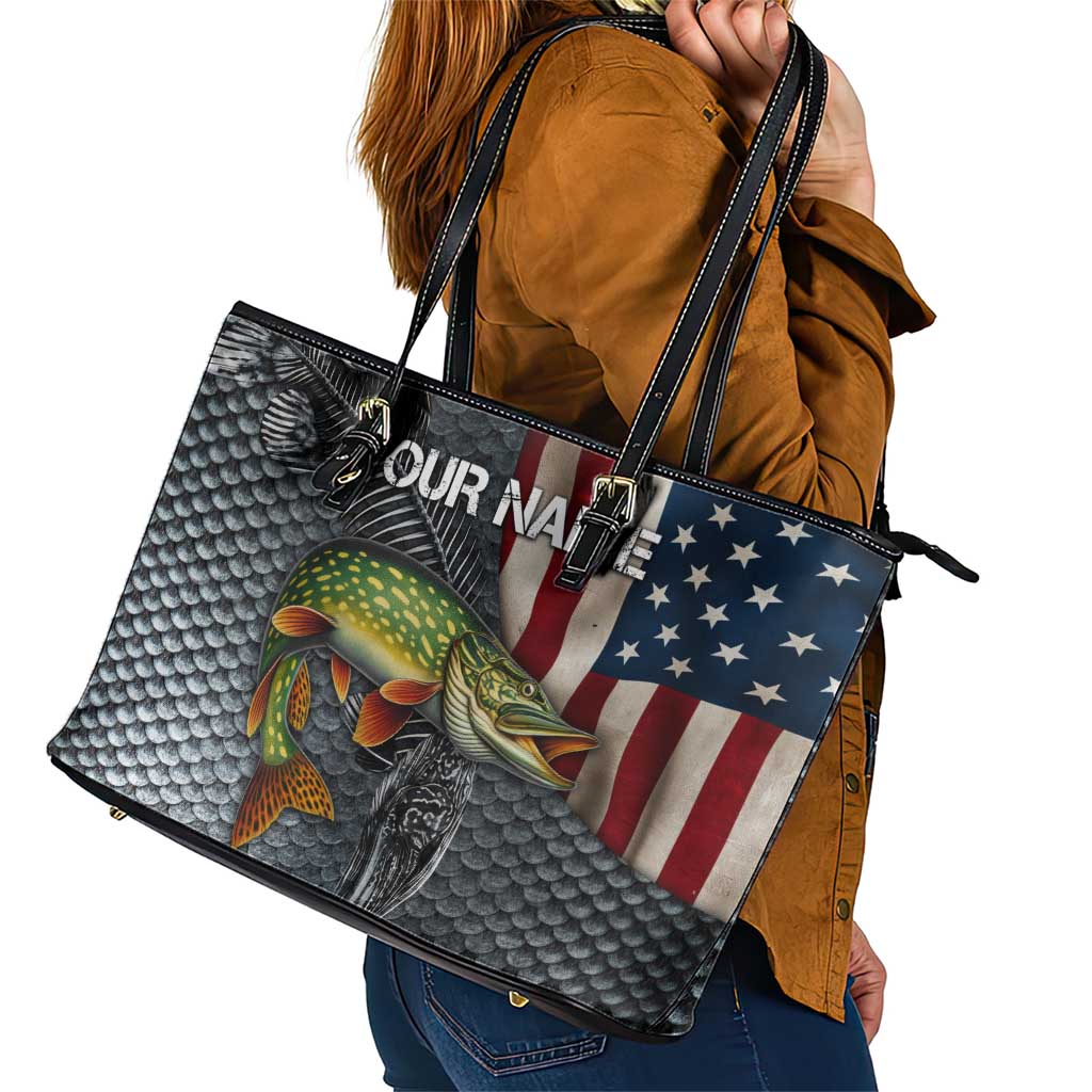Pike Fishing Leather Tote Bag with American Flag and Realistic Fish Scale Texture Design - Wonder Print Shop