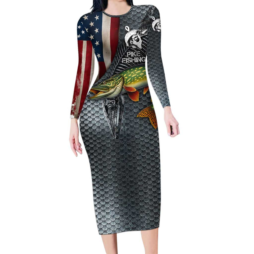 Pike Fishing Long Sleeve Bodycon Dress with American Flag and Realistic Fish Scale Texture Design - Wonder Print Shop