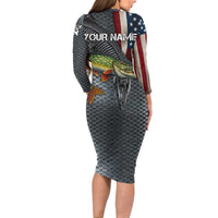 Pike Fishing Long Sleeve Bodycon Dress with American Flag and Realistic Fish Scale Texture Design - Wonder Print Shop