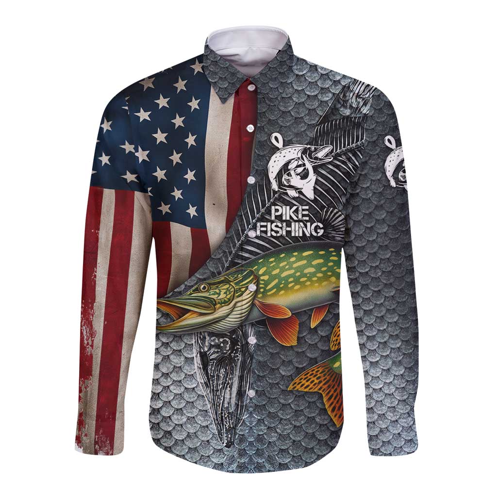 Pike Fishing Long Sleeve Button Shirt with American Flag and Realistic Fish Scale Texture Design - Wonder Print Shop