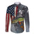 Pike Fishing Long Sleeve Button Shirt with American Flag and Realistic Fish Scale Texture Design - Wonder Print Shop