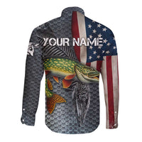 Pike Fishing Long Sleeve Button Shirt with American Flag and Realistic Fish Scale Texture Design - Wonder Print Shop