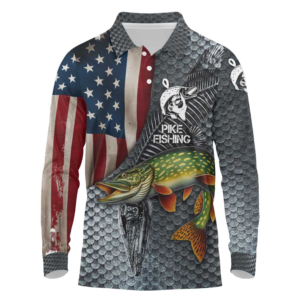 Pike Fishing Long Sleeve Polo Shirt with American Flag and Realistic Fish Scale Texture Design - Wonder Print Shop