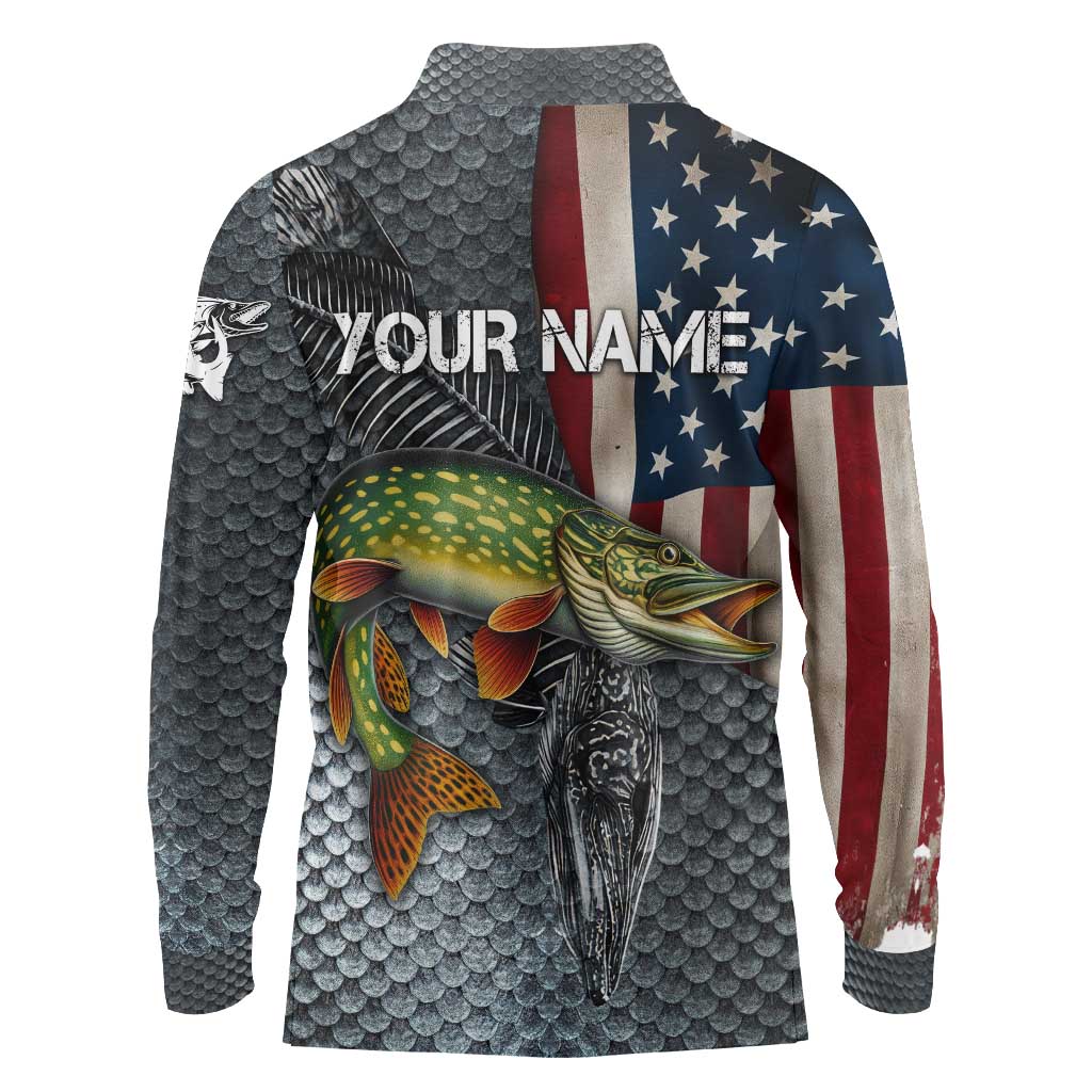 Pike Fishing Long Sleeve Polo Shirt with American Flag and Realistic Fish Scale Texture Design - Wonder Print Shop