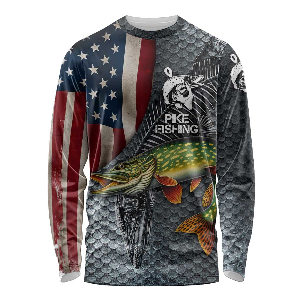 Pike Fishing Long Sleeve Shirt with American Flag and Realistic Fish Scale Texture Design - Wonder Print Shop