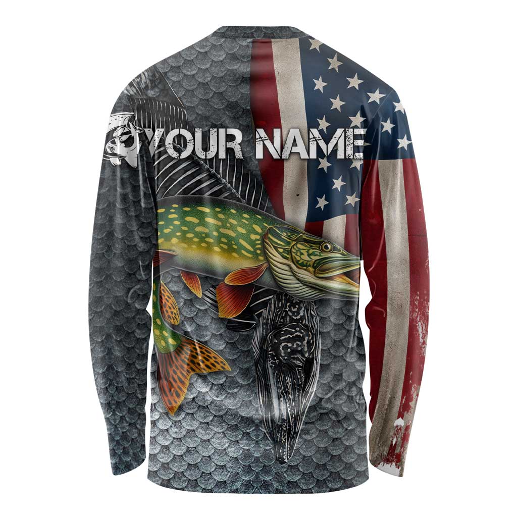 Pike Fishing Long Sleeve Shirt with American Flag and Realistic Fish Scale Texture Design - Wonder Print Shop