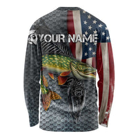 Pike Fishing Long Sleeve Shirt with American Flag and Realistic Fish Scale Texture Design - Wonder Print Shop