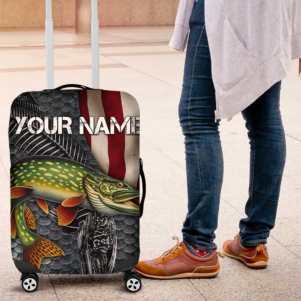 Pike Fishing Luggage Cover with American Flag and Realistic Fish Scale Texture Design - Wonder Print Shop