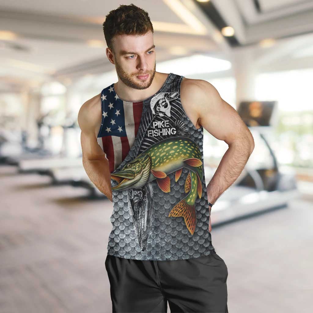 Pike Fishing Men Tank Top with American Flag and Realistic Fish Scale Texture Design - Wonder Print Shop