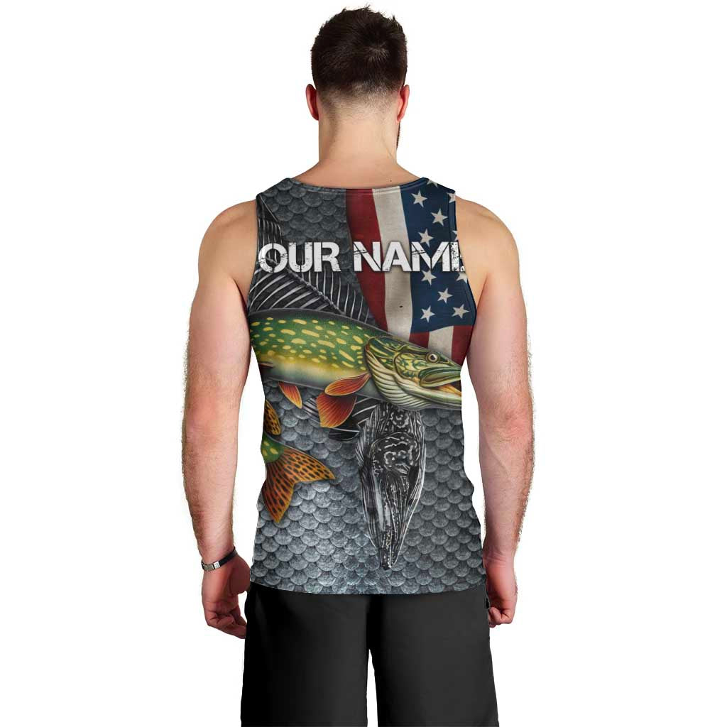 Pike Fishing Men Tank Top with American Flag and Realistic Fish Scale Texture Design - Wonder Print Shop