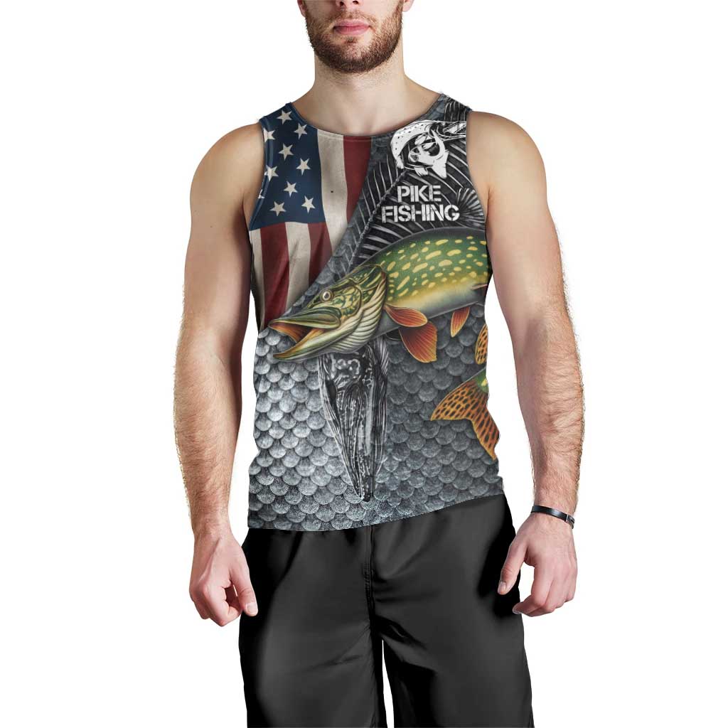 Pike Fishing Men Tank Top with American Flag and Realistic Fish Scale Texture Design - Wonder Print Shop