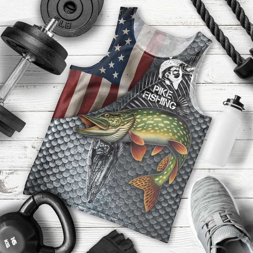 Pike Fishing Men Tank Top with American Flag and Realistic Fish Scale Texture Design - Wonder Print Shop