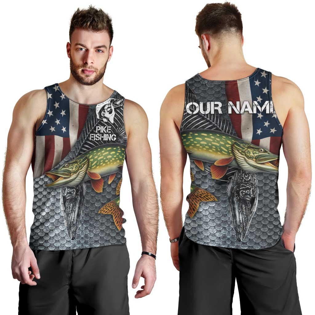 Pike Fishing Men Tank Top with American Flag and Realistic Fish Scale Texture Design - Wonder Print Shop