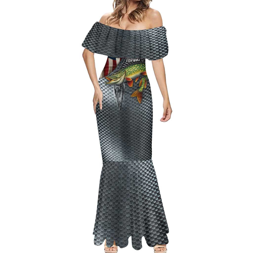 Pike Fishing Mermaid Dress with American Flag and Realistic Fish Scale Texture Design - Wonder Print Shop