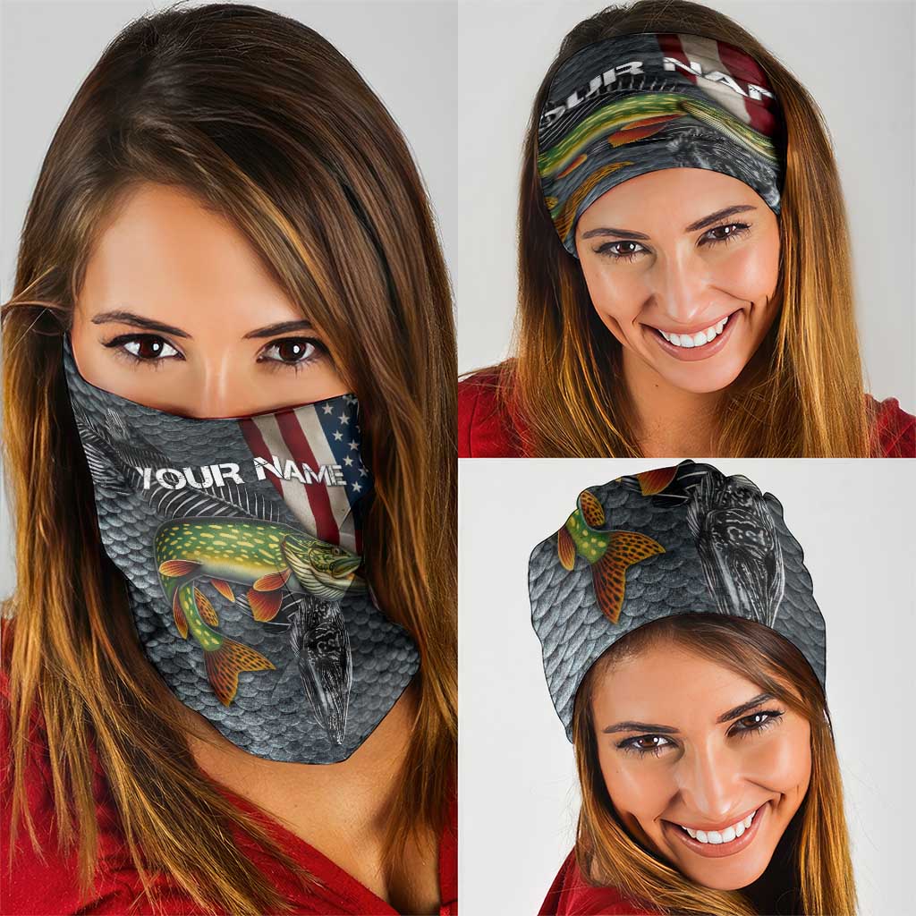 Pike Fishing Neck Gaiter with American Flag and Realistic Fish Scale Texture Design - Wonder Print Shop