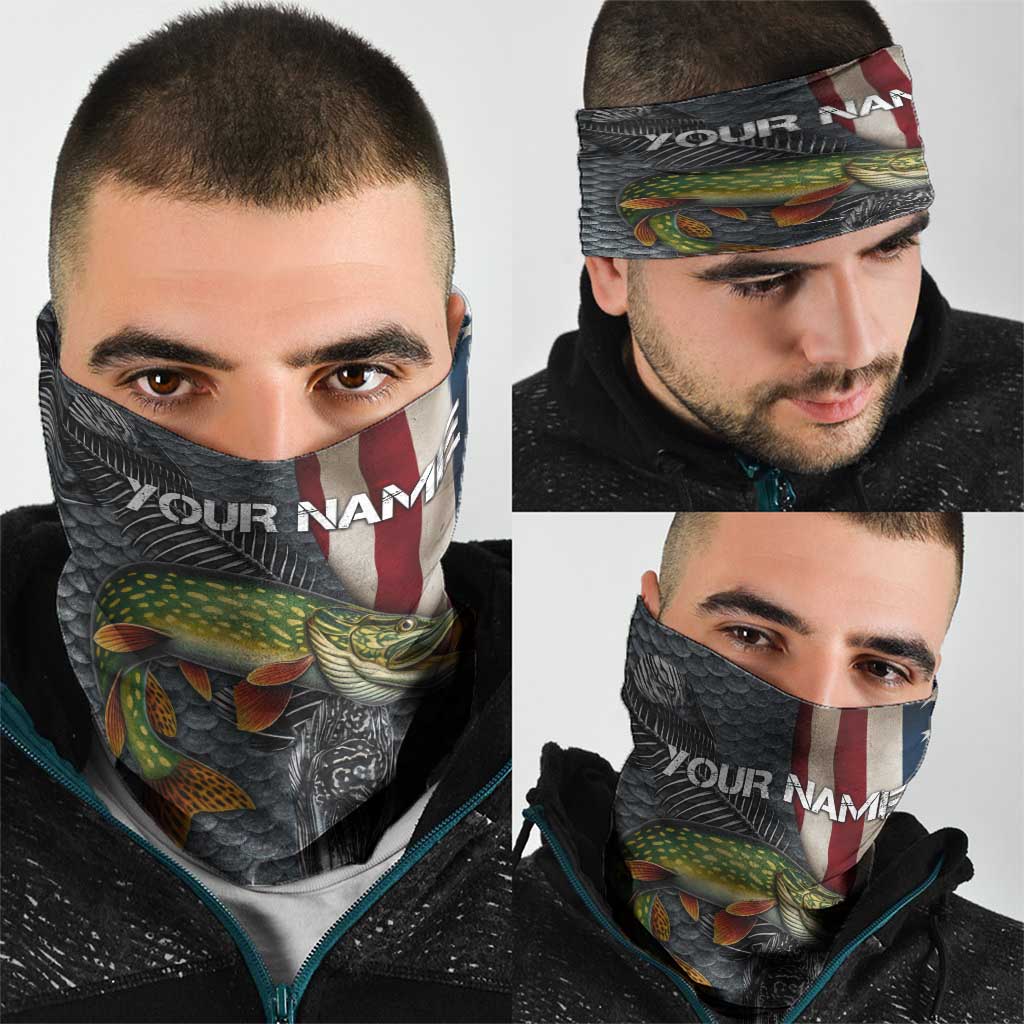 Pike Fishing Neck Gaiter with American Flag and Realistic Fish Scale Texture Design - Wonder Print Shop