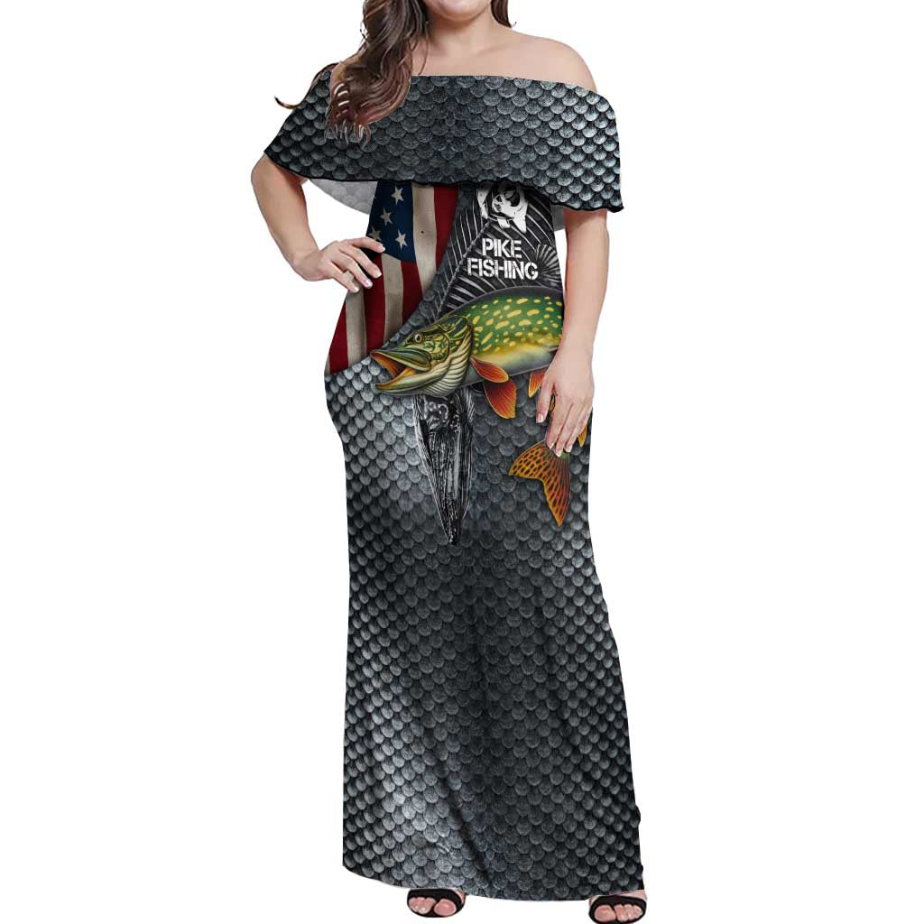Pike Fishing Off Shoulder Maxi Dress with American Flag and Realistic Fish Scale Texture Design - Wonder Print Shop